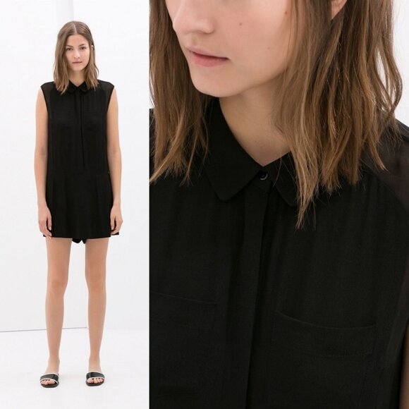 Zara Playsuit Black Button Front Romper Pockets Size XS Minimalist Sheer Minimal - Picture 2 of 15